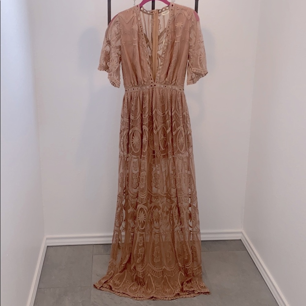 Beautiful lace maxi dress over shorts
